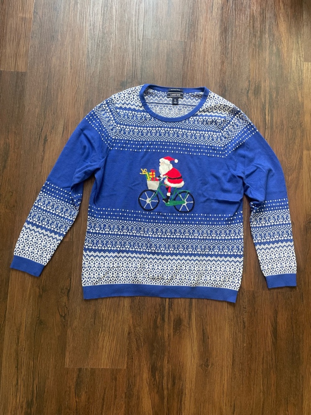Land’s End Women XL 18 Santa On Bicycle Supima Cotton Sweater Blue Fair Isle EUC